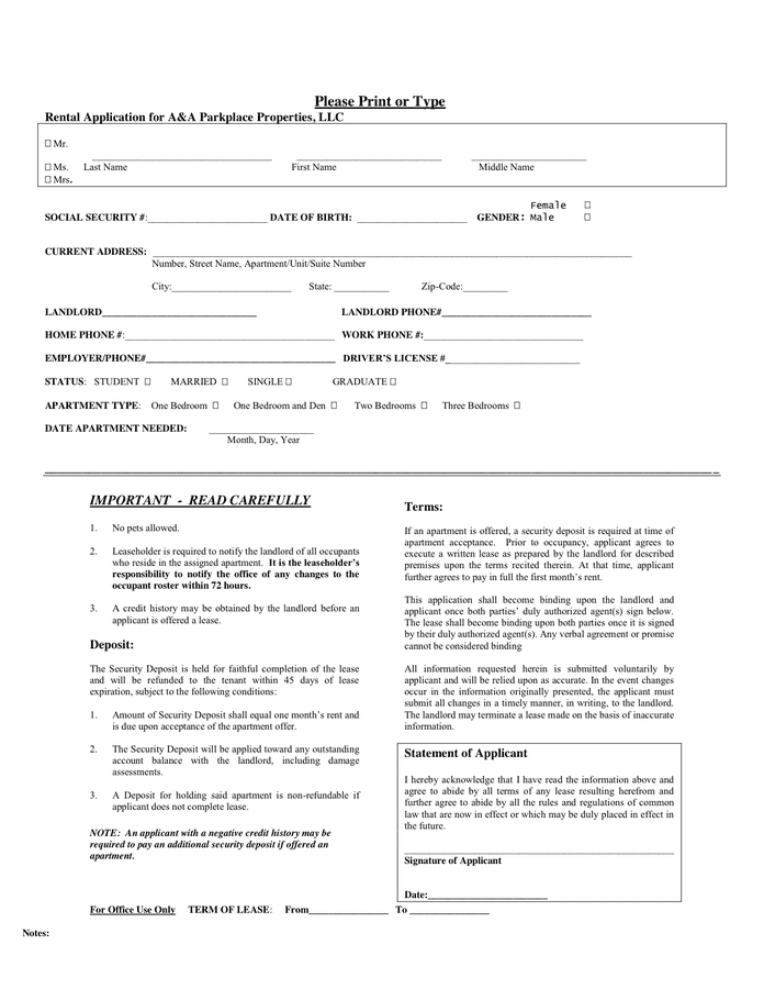 Apartment Lease Application Form In Word And Pdf Formats