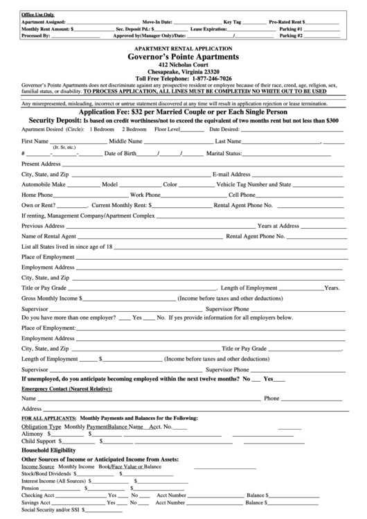 Apartment Rental Application Form Governor S Pointe Apartments 