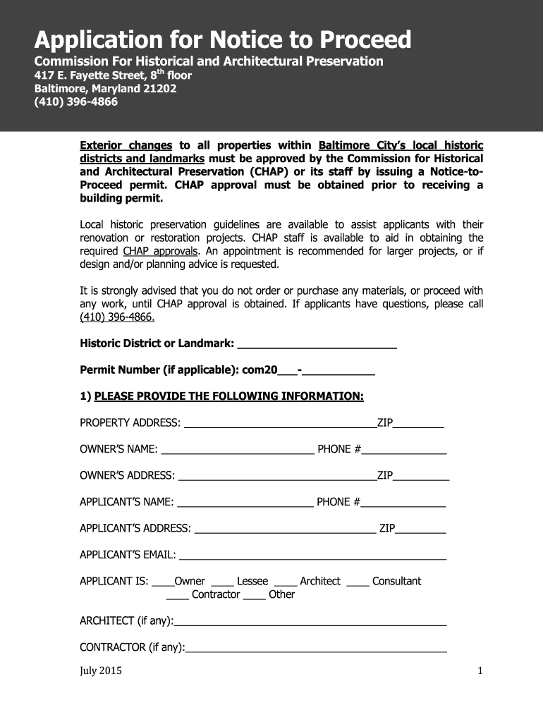 Application For Notice To Proceed Permit City Of Baltimore Fill Out 