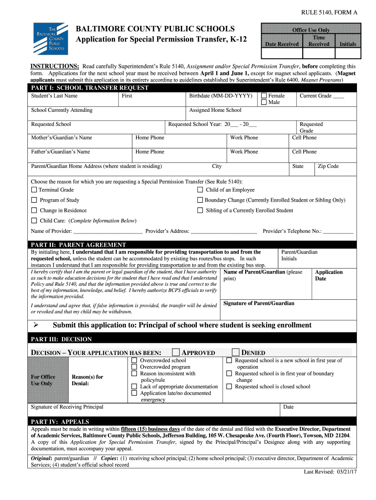 Application For Special Permission Transfer Baltimore County Fill Out 
