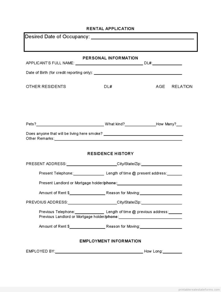 Application Form Rental Application Form In Bc