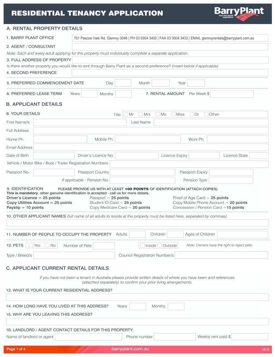 Barry Plant Rental Application Printable Blank PDF Online