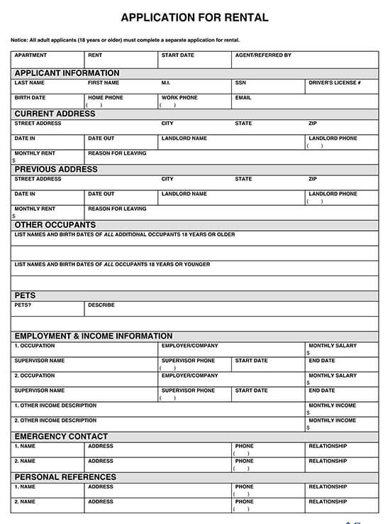 Blank Rental Application Form Templates Word PDF 