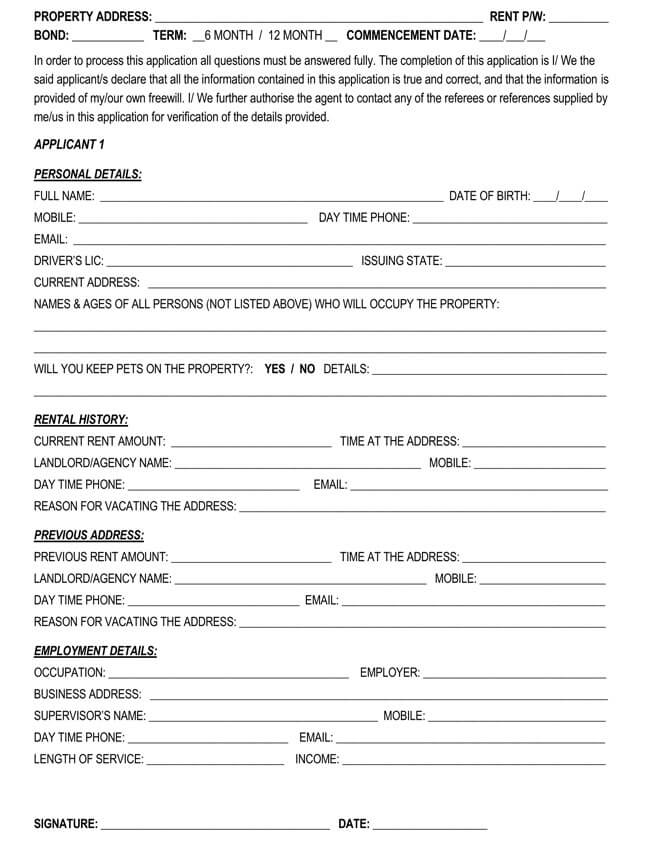Blank Rental Application Form Templates Word PDF 