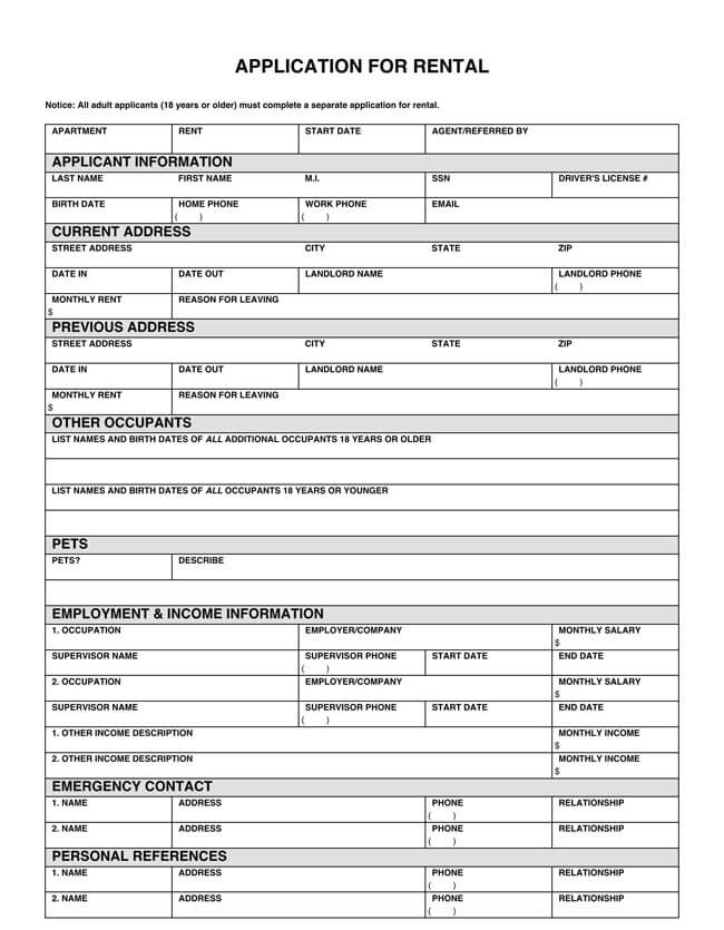 Blank Rental Application Form Templates Word PDF 