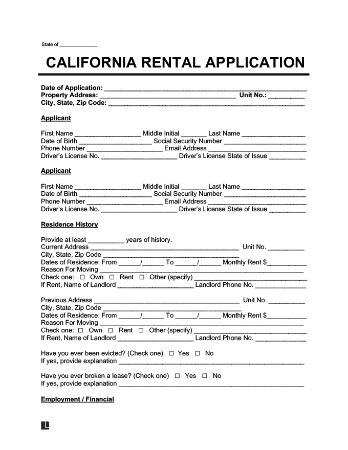 California Rental Application Form Create A Free CA Lease Application