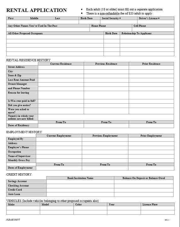 Download Free Blank Rental Application Form Printable Lease Agreement