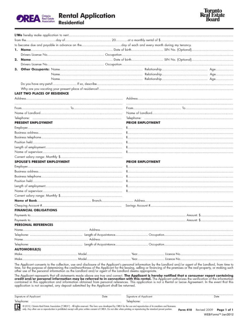 Download Free Ontario Toronto Rental Application Form Printable Lease 