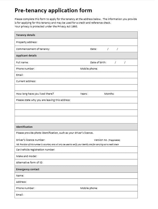 Download Free Pre Tenancy Application Form Printable Lease Agreement