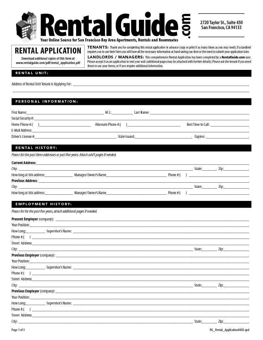 Download Free San Francisco Rental Application Form Printable Lease