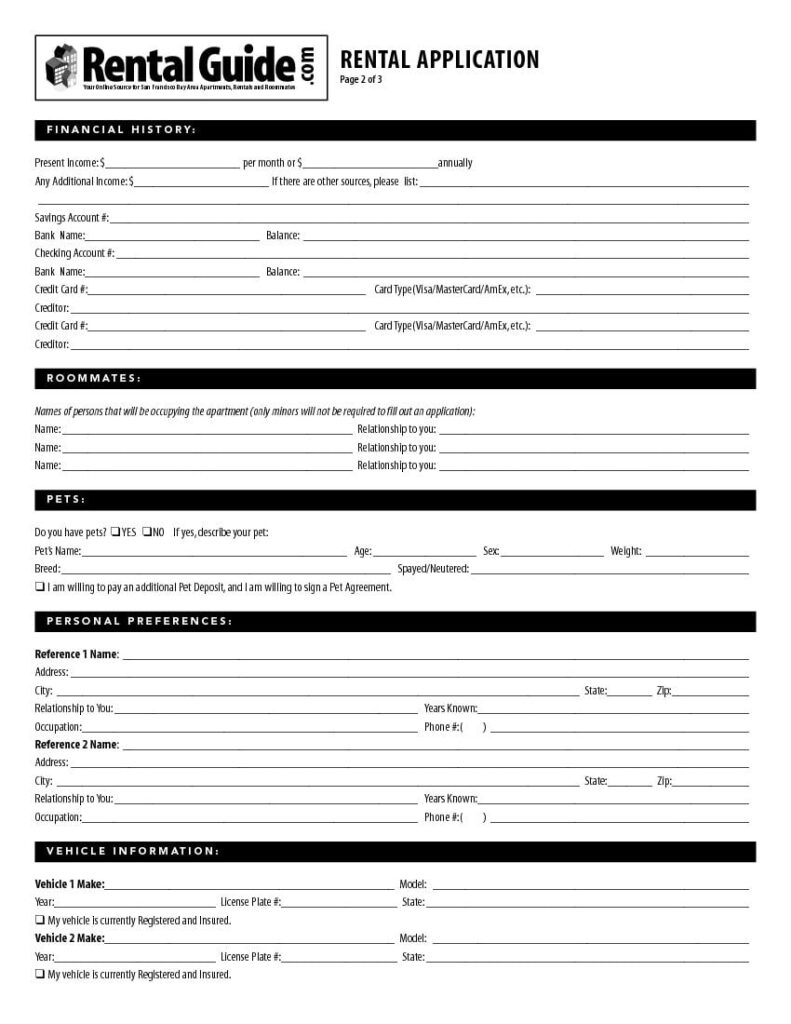 Download Free San Francisco Rental Application Form Printable Lease 