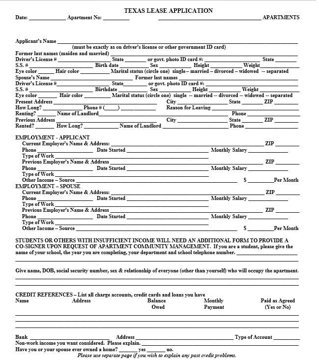 Download Free Texas Rental Lease Application Form Printable Lease 