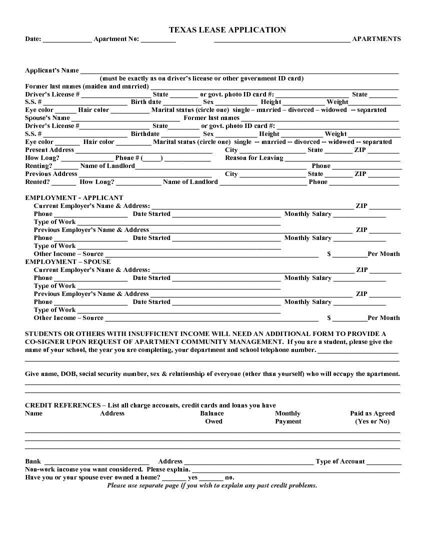 Download Free Texas Rental Lease Application Form Printable Lease