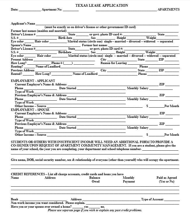 Download Free Texas Rental Lease Application Form Printable Lease 