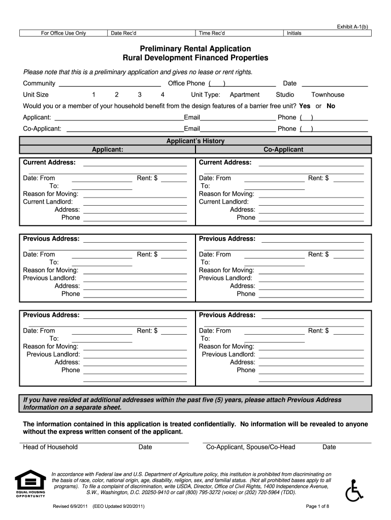 Equal Housing Opportunity Preliminary Rental Application 2011 Fill 