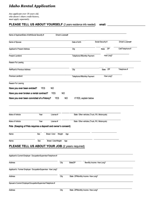 Fillable Idaho Rental Application Form Printable Pdf Download