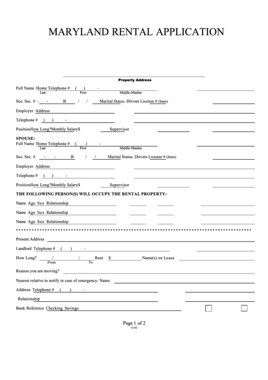 Fillable Maryland Rental Application Form Printable Pdf Download