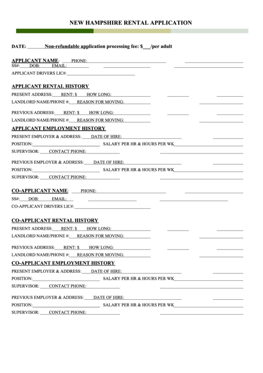 Fillable New Hampshire Rental Application Form Printable Pdf Download