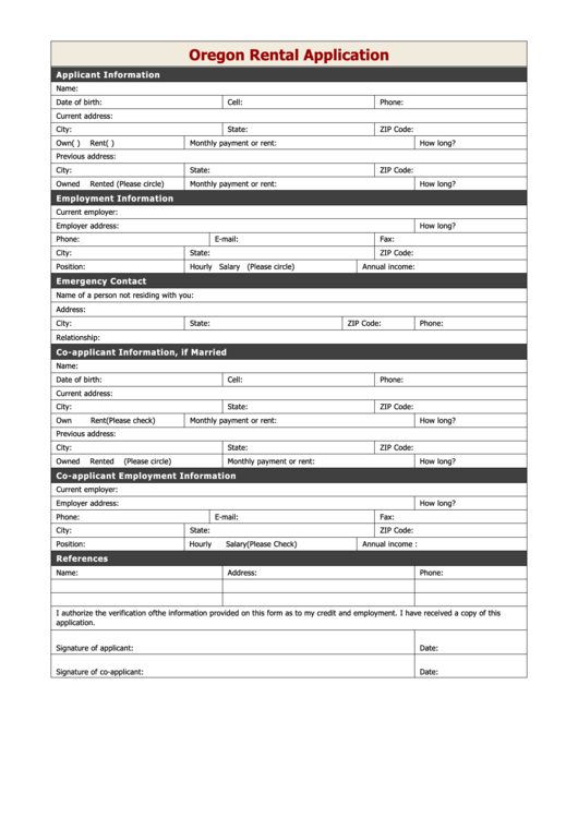 Fillable Oregon Rental Application Form Printable Pdf Download