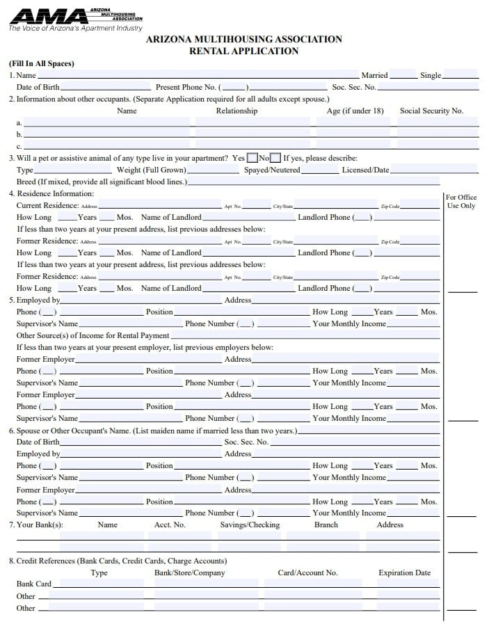 Free Arizona Rental Application Form PDF DOCX