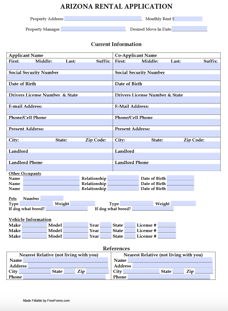 Free Arizona Residential Rental Application Form PDF