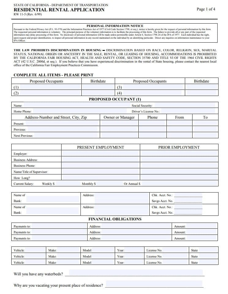 Free California Rental Lease Application RW 11 5 Form PDF DOCX