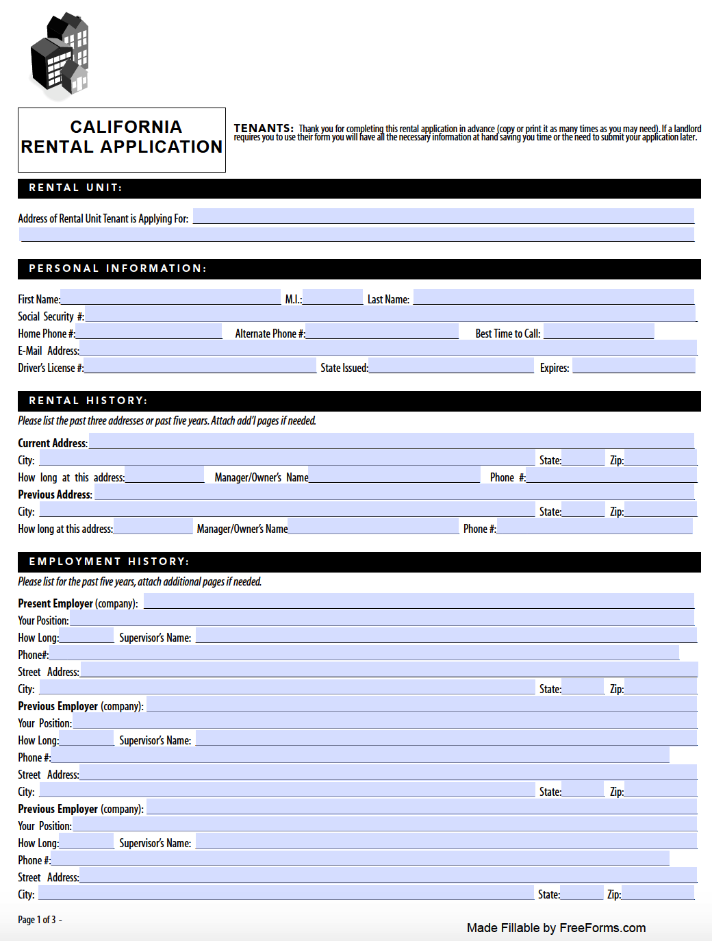 Free California Residential Rental Application Form PDF