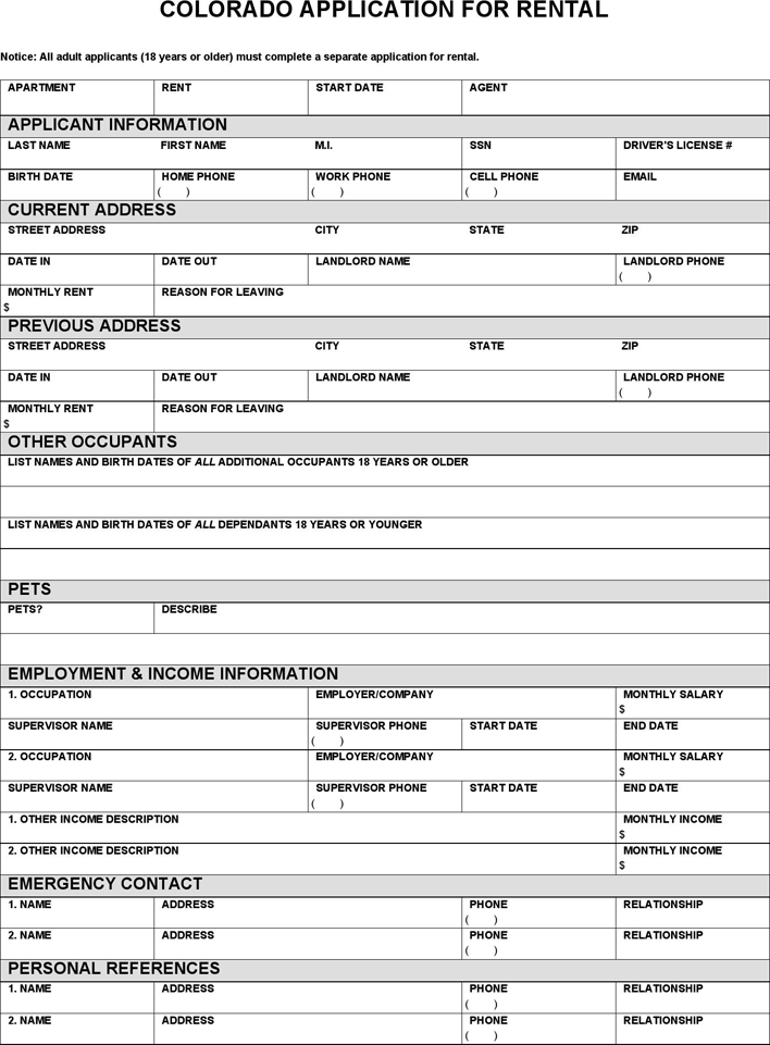 Free Colorado Rental Application Form Doc 441KB 3 Page s 