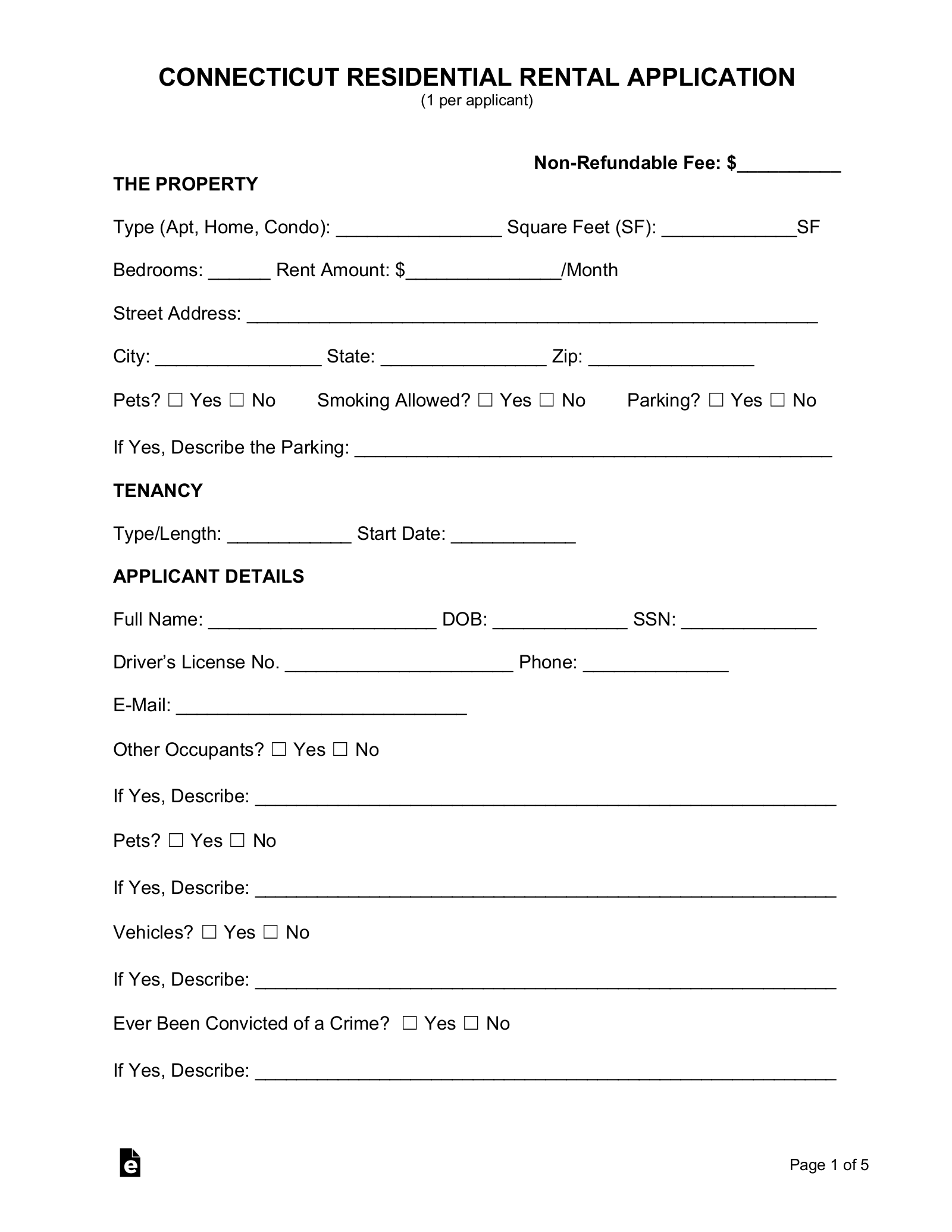 Free Connecticut Rental Application Template PDF EForms