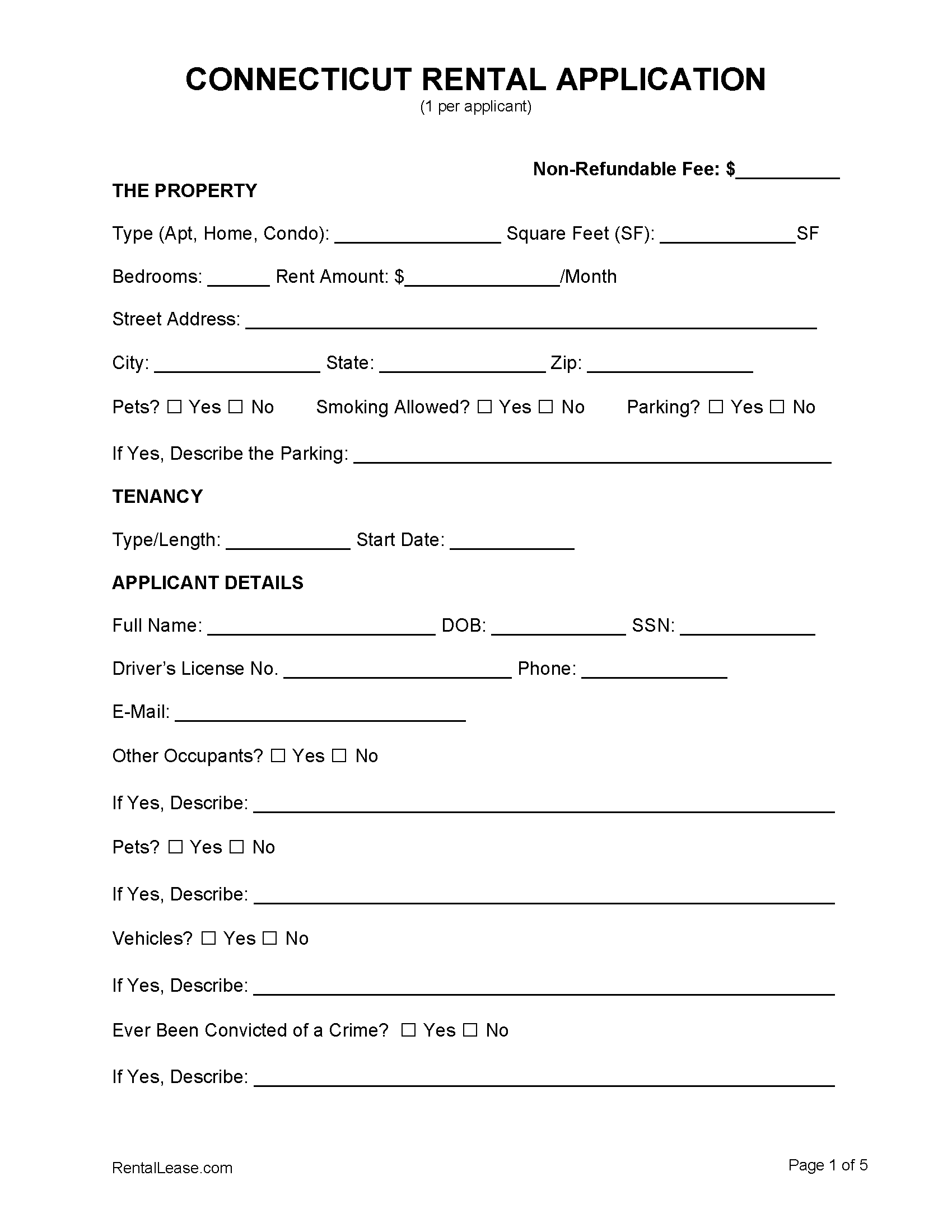 Free Connecticut Rental Application Template PDF Word doc