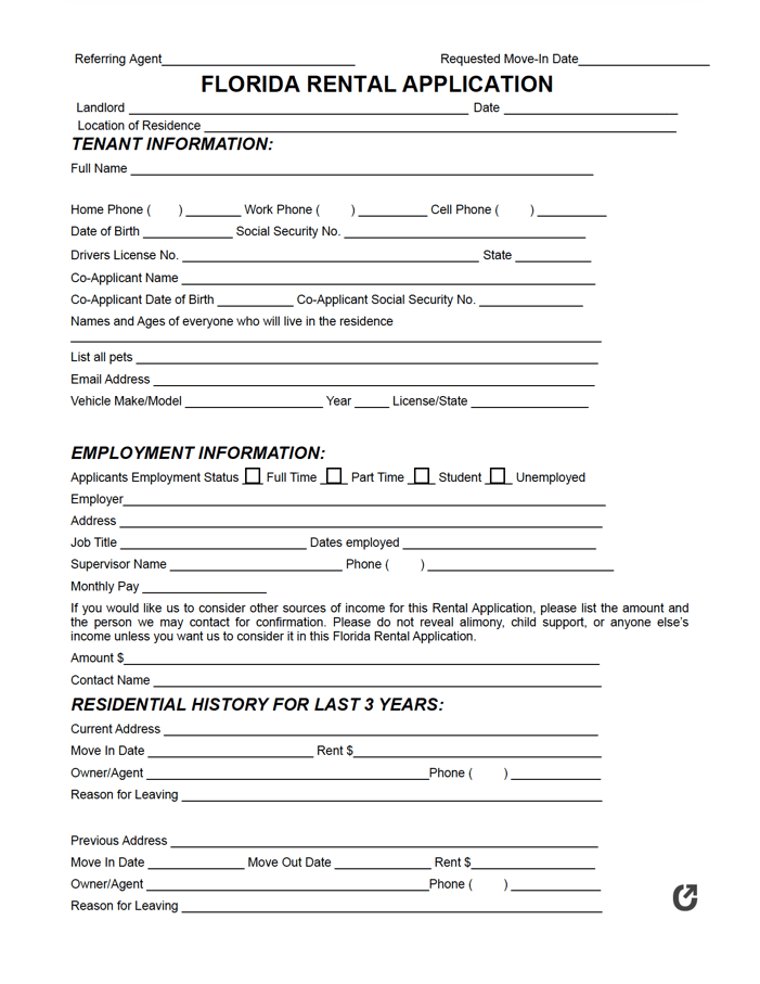 Free Florida Rental Application PDF WORD