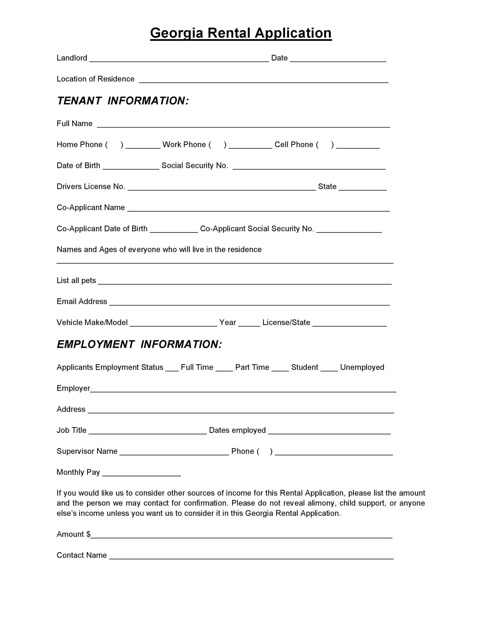 Free Georgia Rental Application PDF Template Form Download