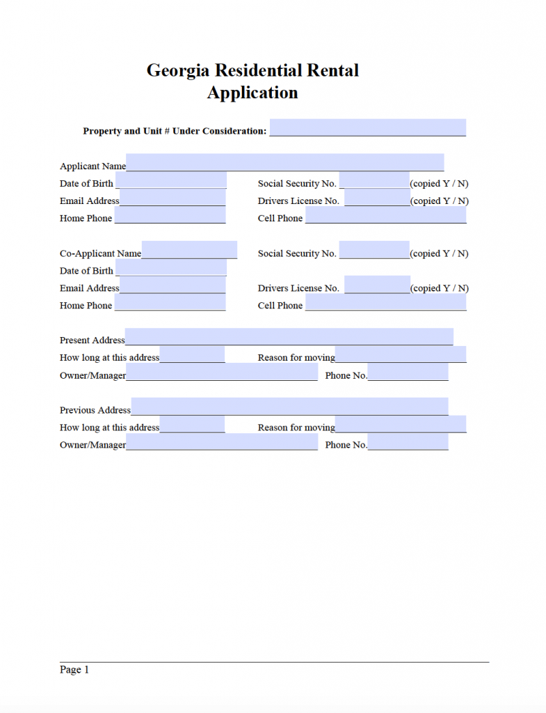 Free Georgia Residential Rental Application Form PDF