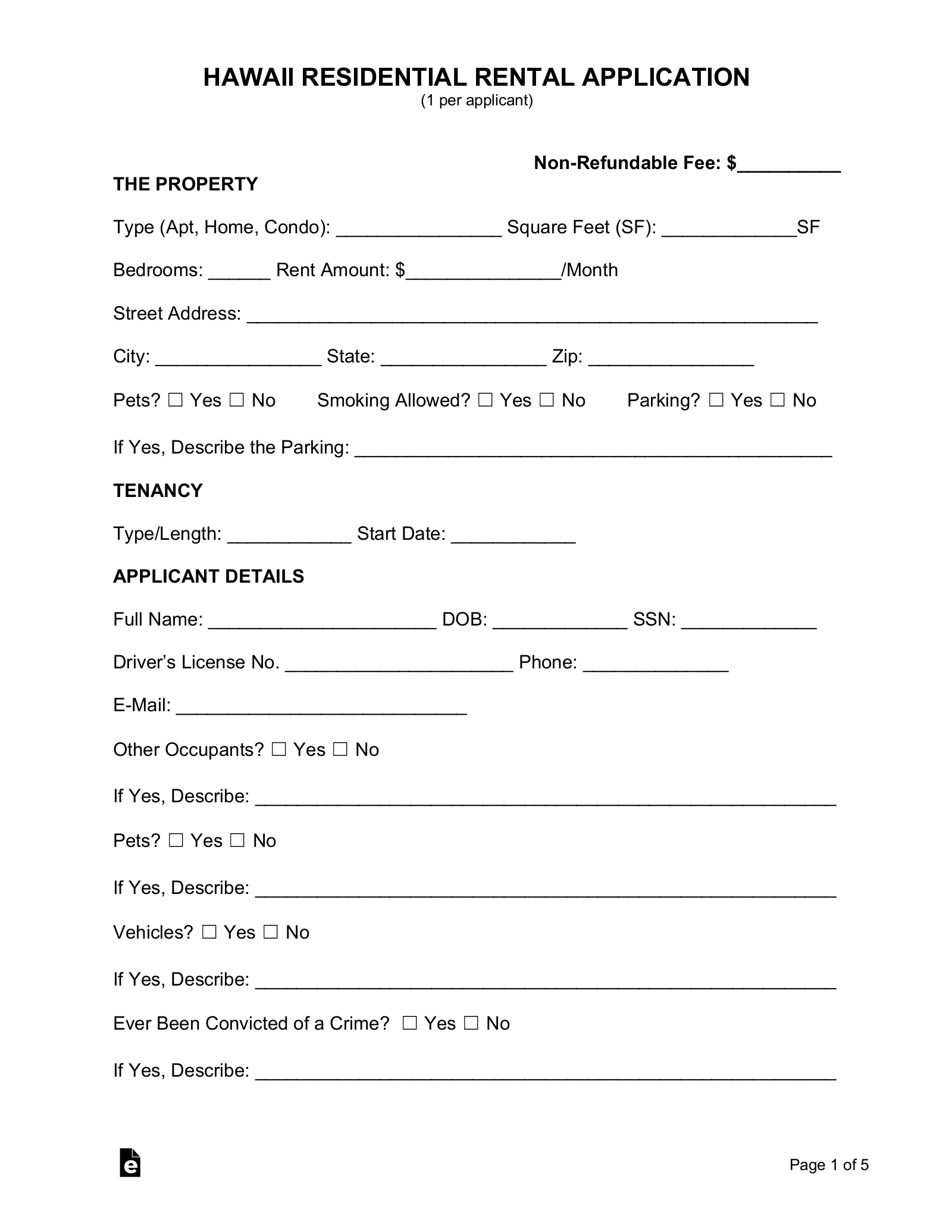 Free Hawaii Rental Application Form PDF EForms