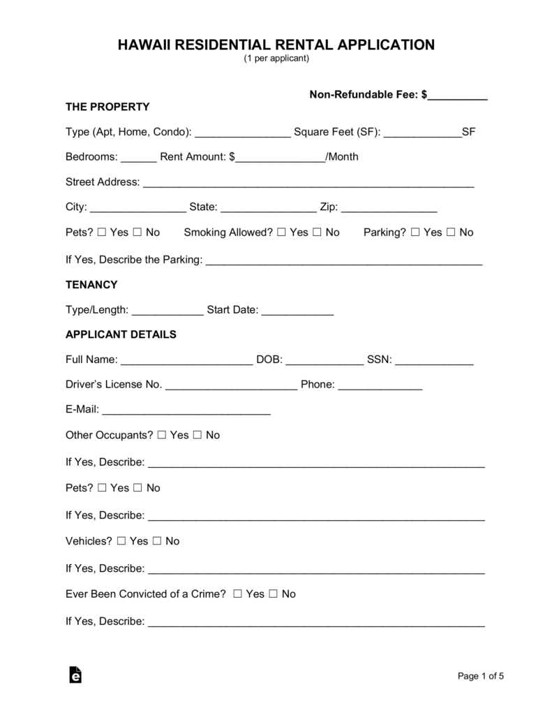 Free Hawaii Rental Application Form PDF EForms