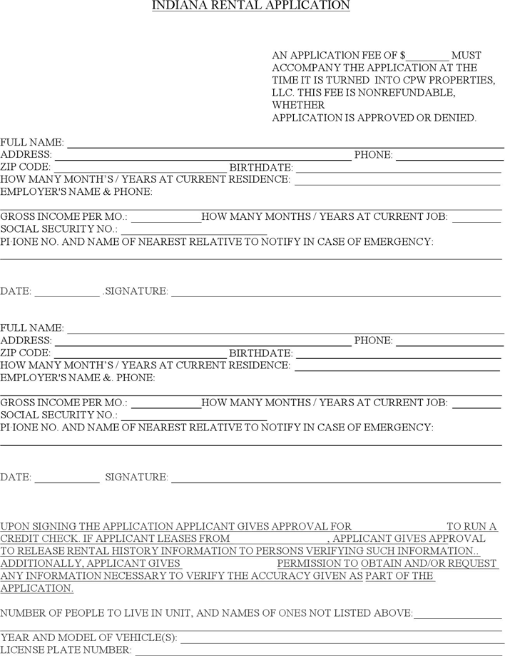 Free Indiana Rental Application Form PDF 162KB 5 Page s 