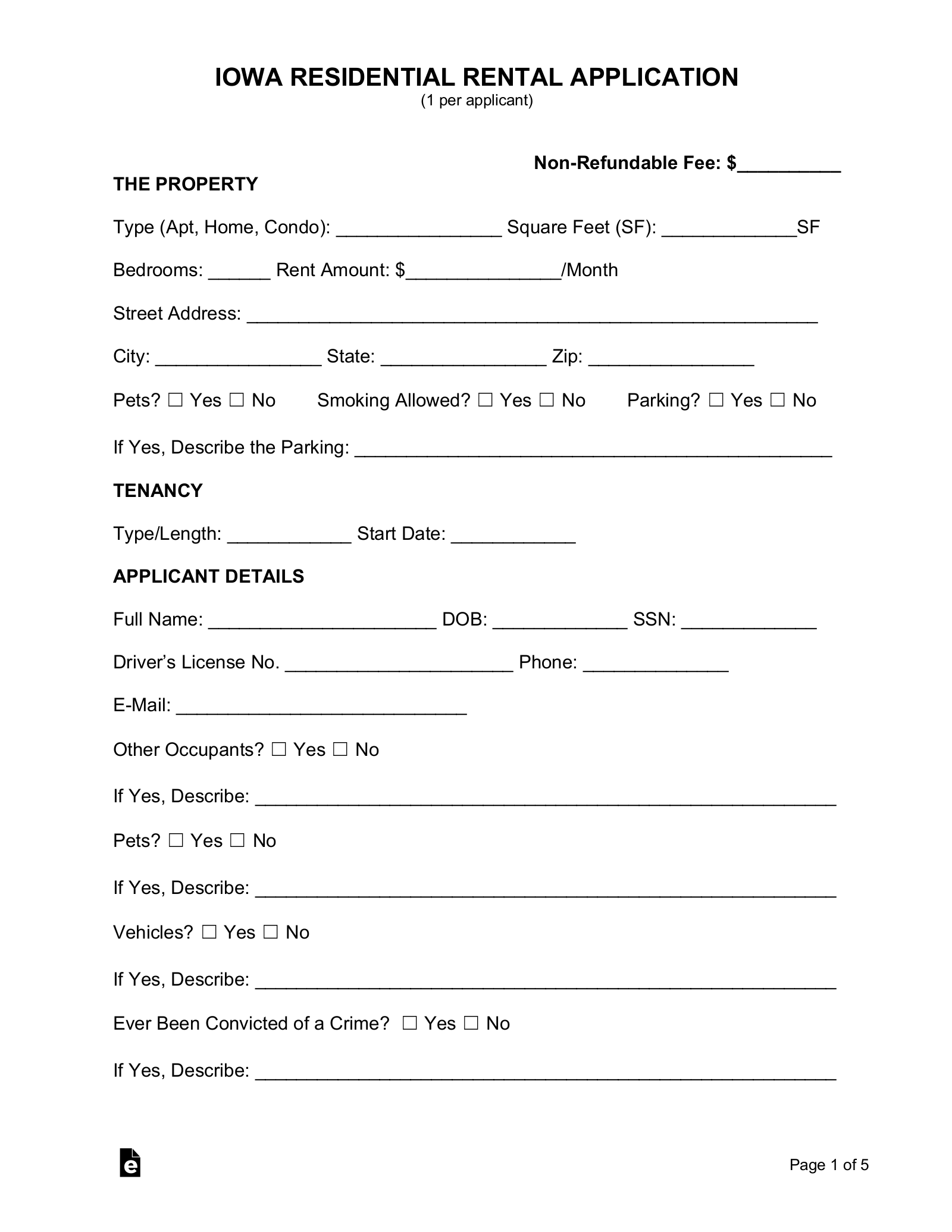 Free Iowa Rental Application Form PDF EForms