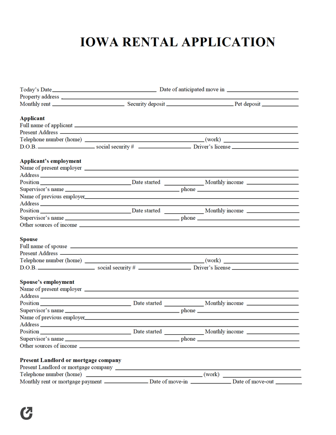 Free Iowa Rental Application PDF WORD