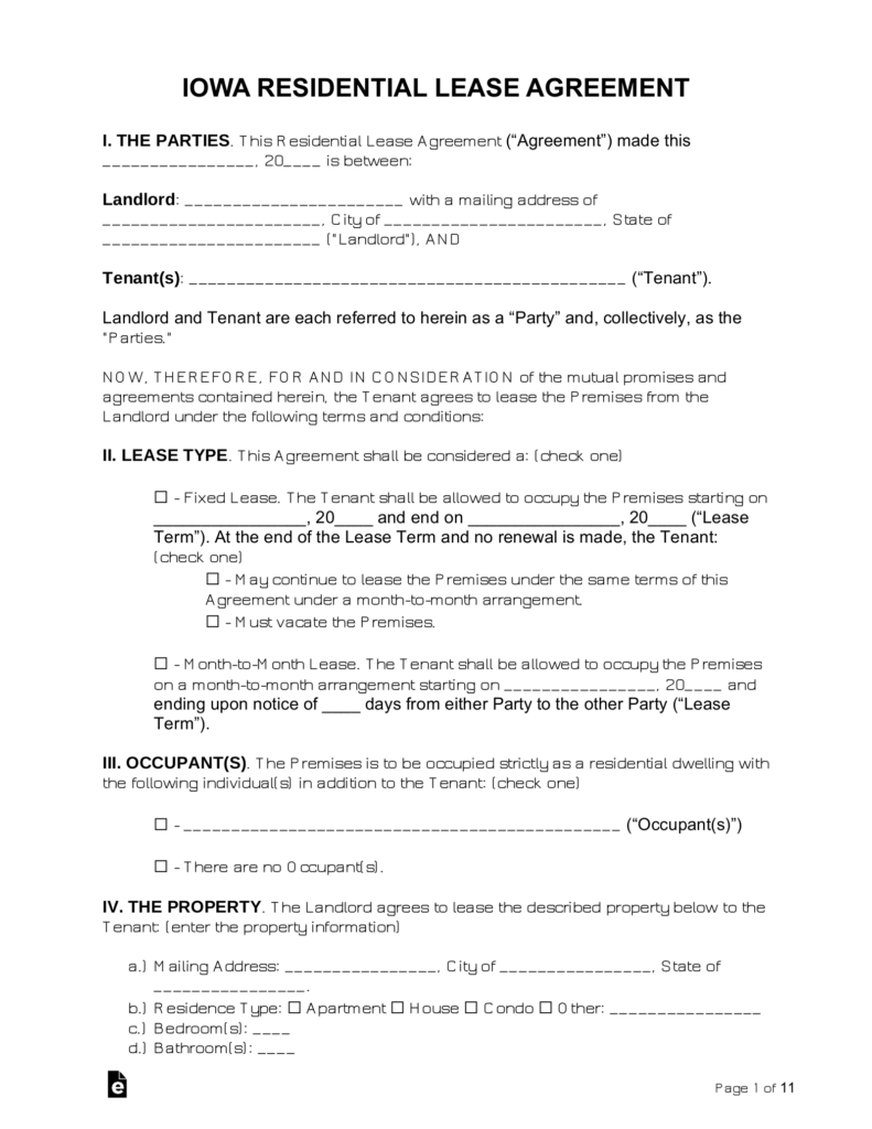 Free Iowa Standard Residential Lease Agreement Word PDF EForms