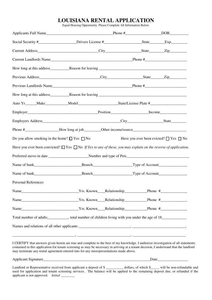 Free Louisiana Rental Application Form PDF EForms Free Fillable 