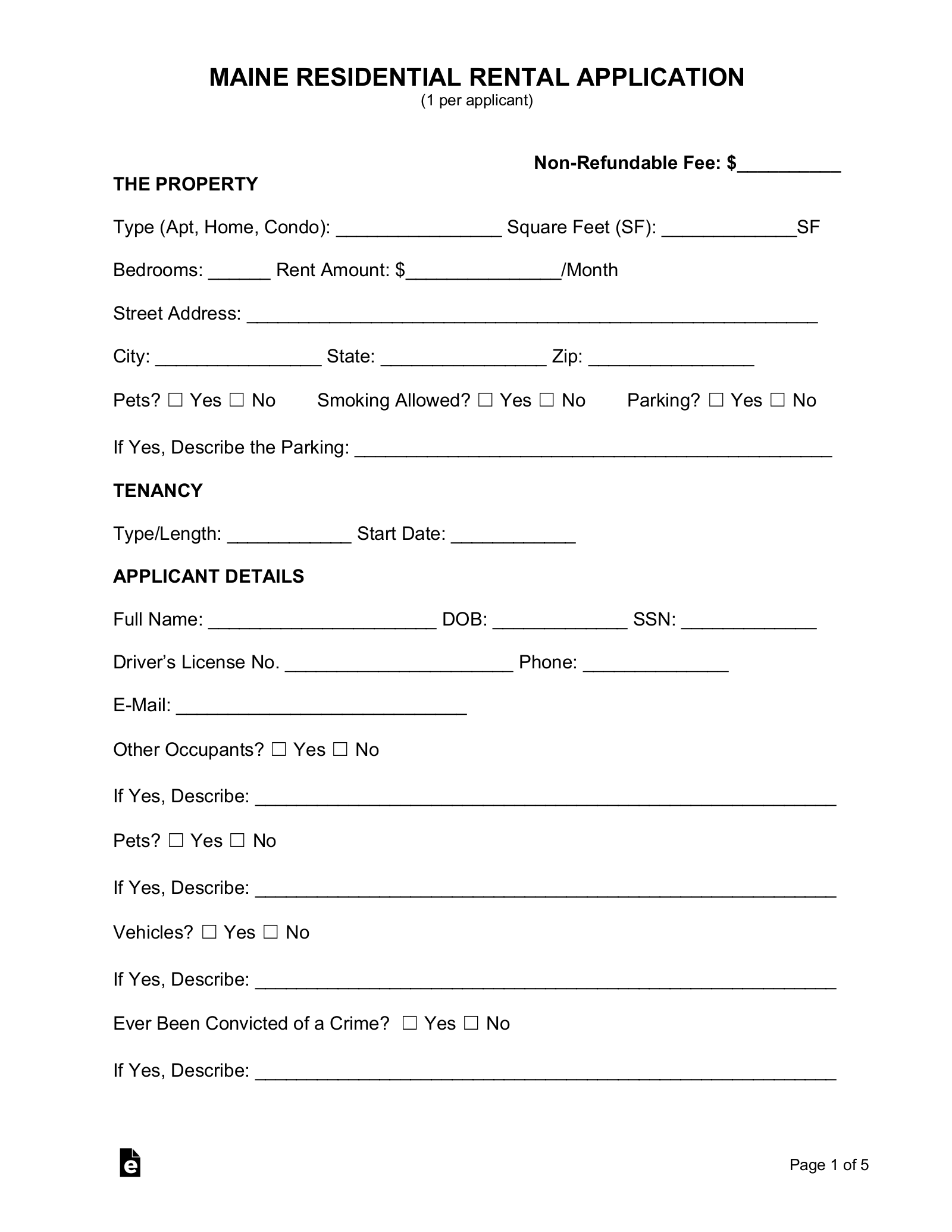 Free Maine Rental Application Form PDF Word EForms