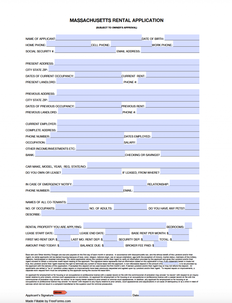 Free Massachusetts Residential Rental Application Form PDF