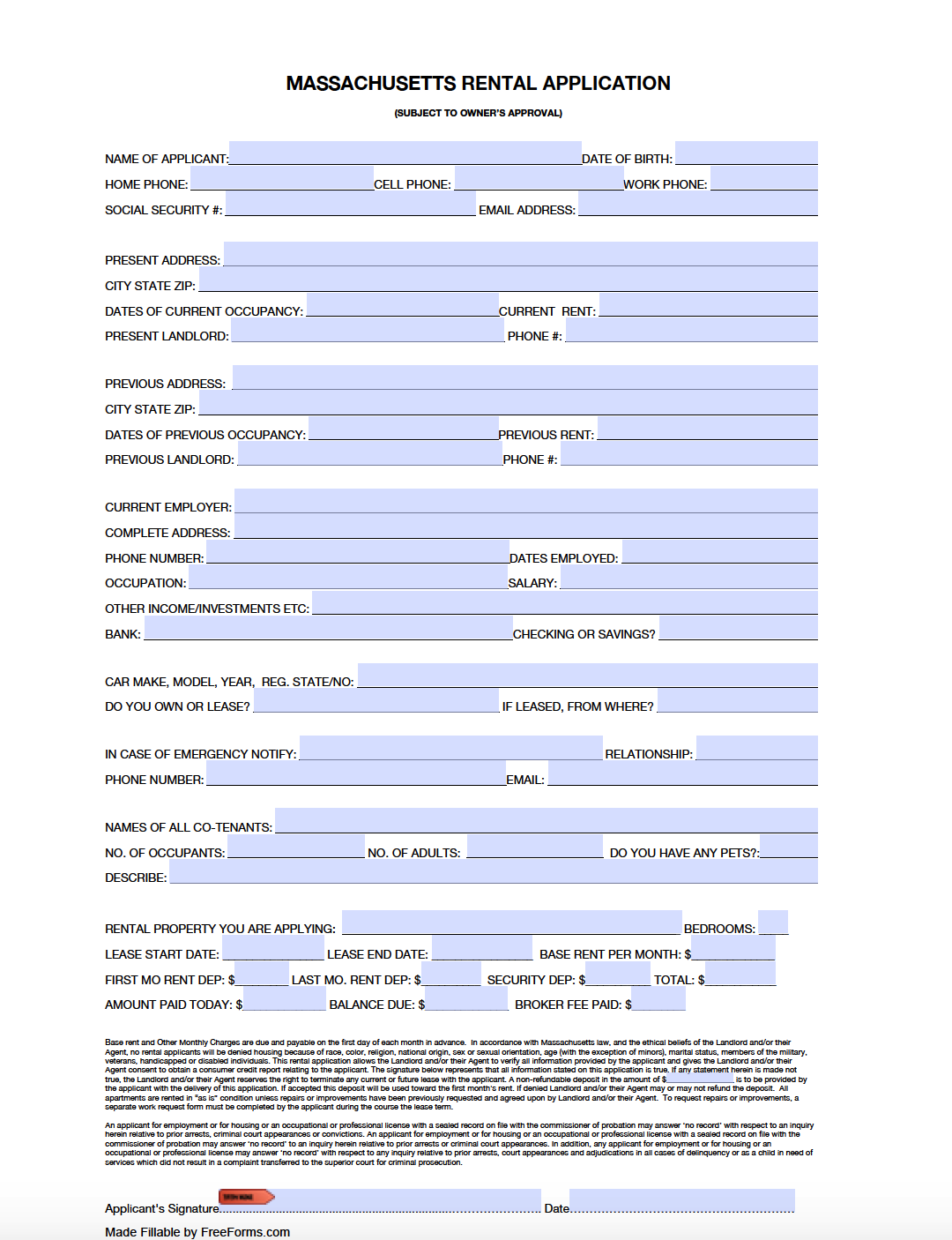 Free Massachusetts Residential Rental Application Form PDF