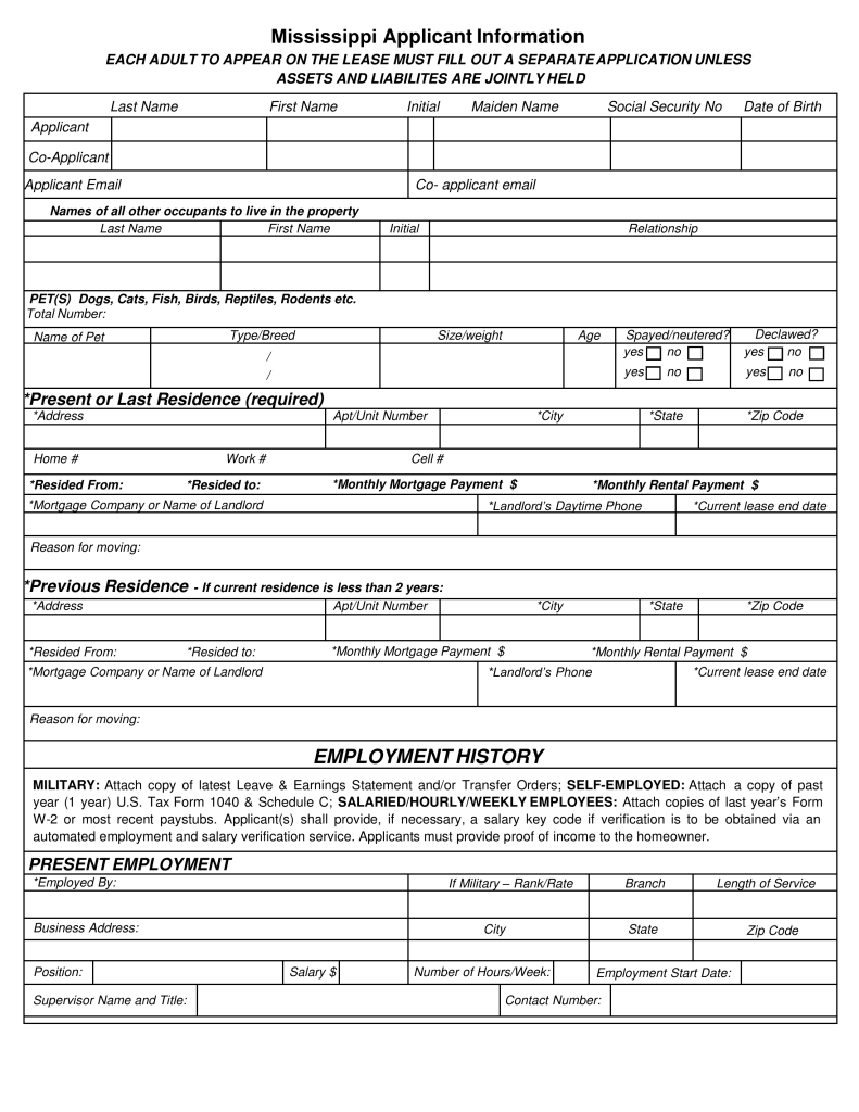 Free Mississippi Rental Application Form PDF EForms Free Fillable 