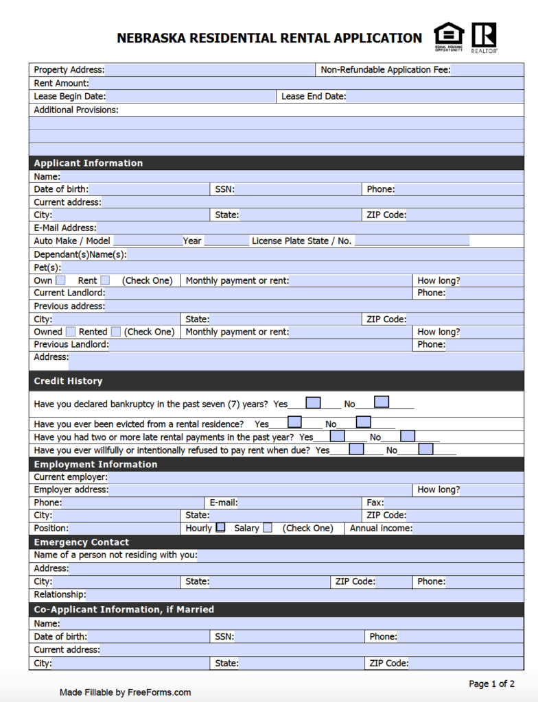 Free Nebraska Residential Rental Application Form PDF