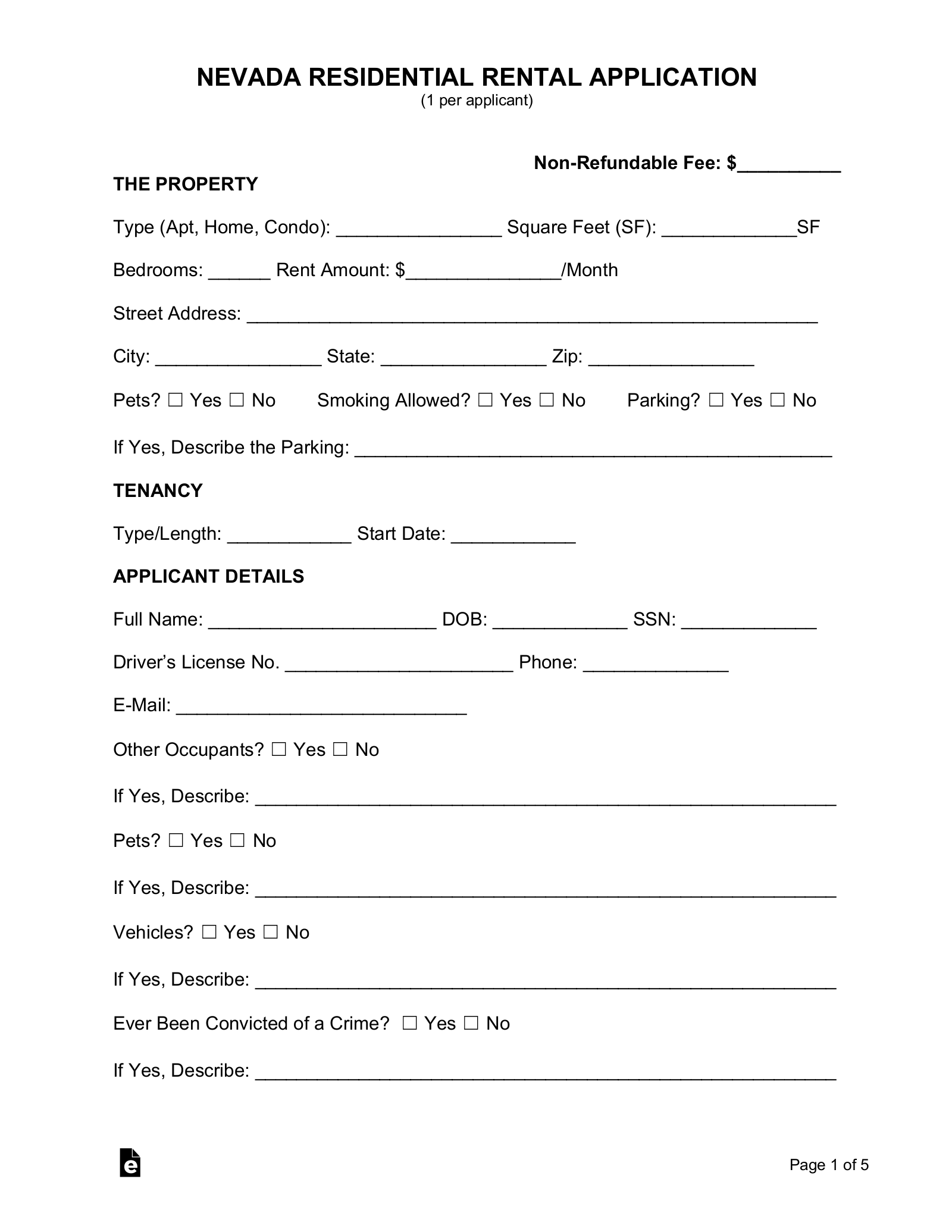 Free Nevada Rental Application Form Word PDF EForms