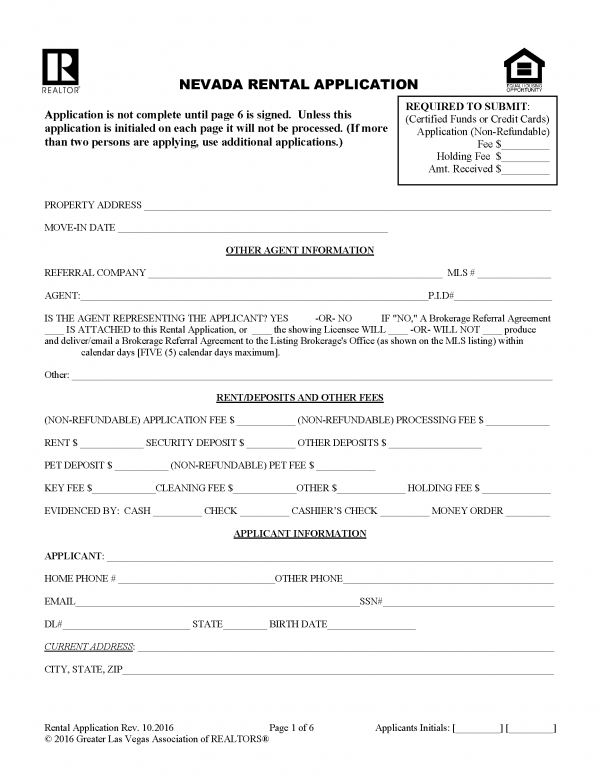 Free Nevada Rental Application PDF
