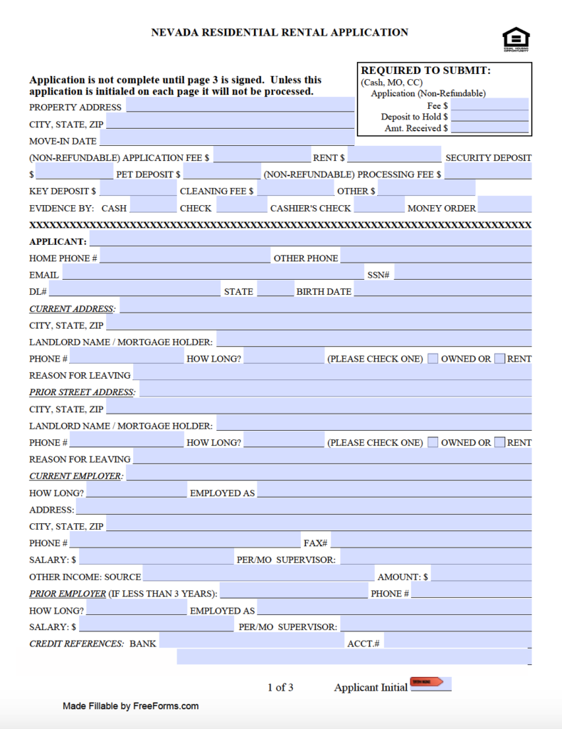 Free Nevada Residential Rental Application Form PDF