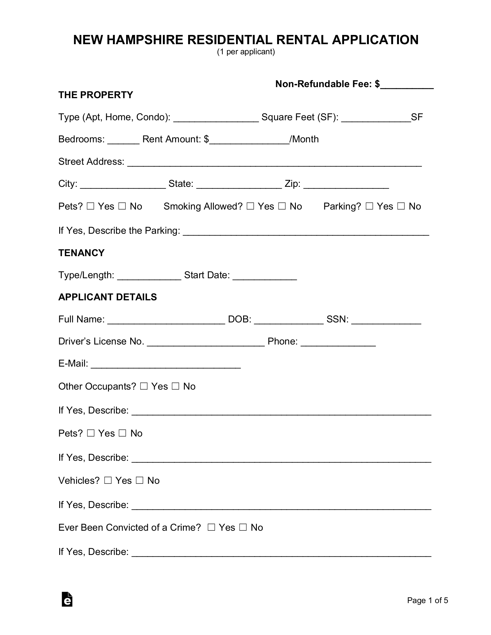 Free New Hampshire Rental Application Form PDF EForms