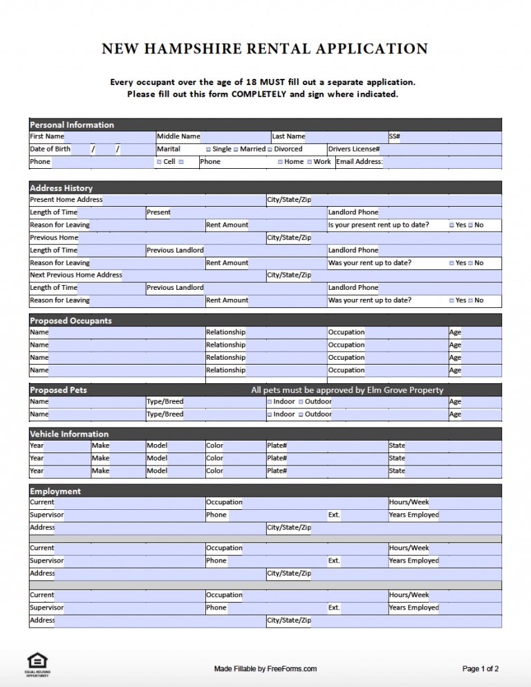 Free New Hampshire Rental Application Form PDF